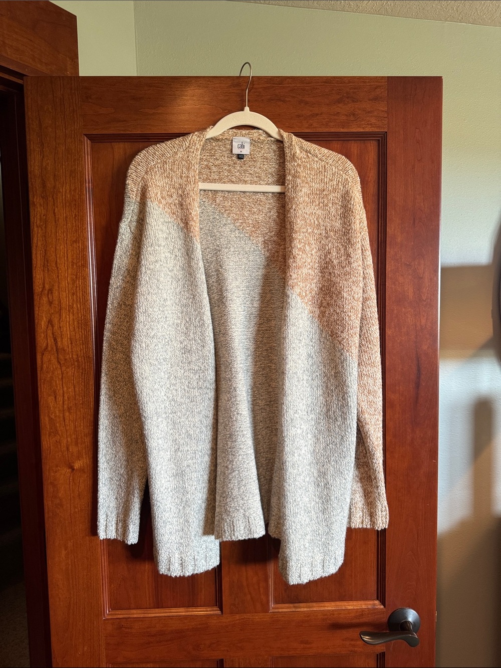 CAbi Two-Tone Open-Front Cardigan in an orangish and grey color